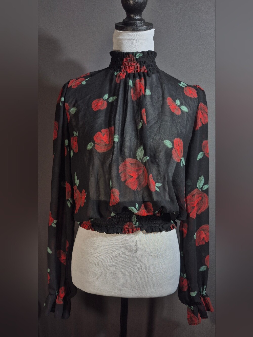 Forever 21 Black Sheer Smocked Neck Blouse with Red Rose Print